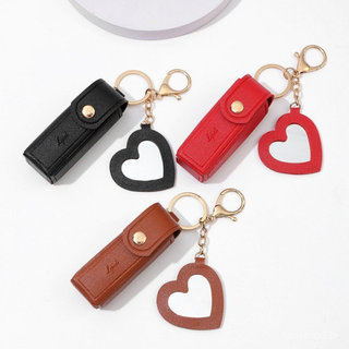 Estojo Protetor de Batom em Couro PU Elegante com Chaveiro e Mini Espelho em Forma de Coração Fofo Gir Saco Deco