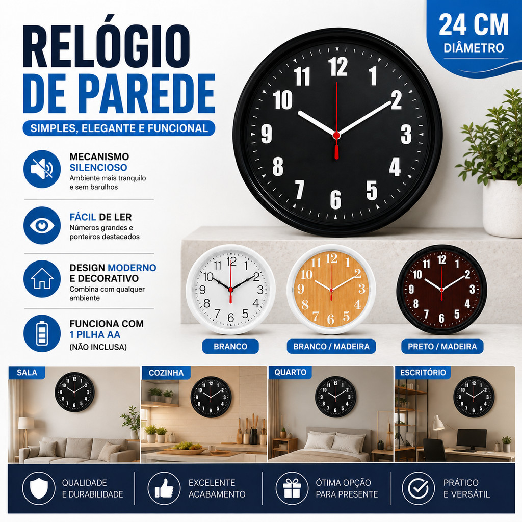 Relógio de parede analógico de 24 cm: foto publicada pela loja