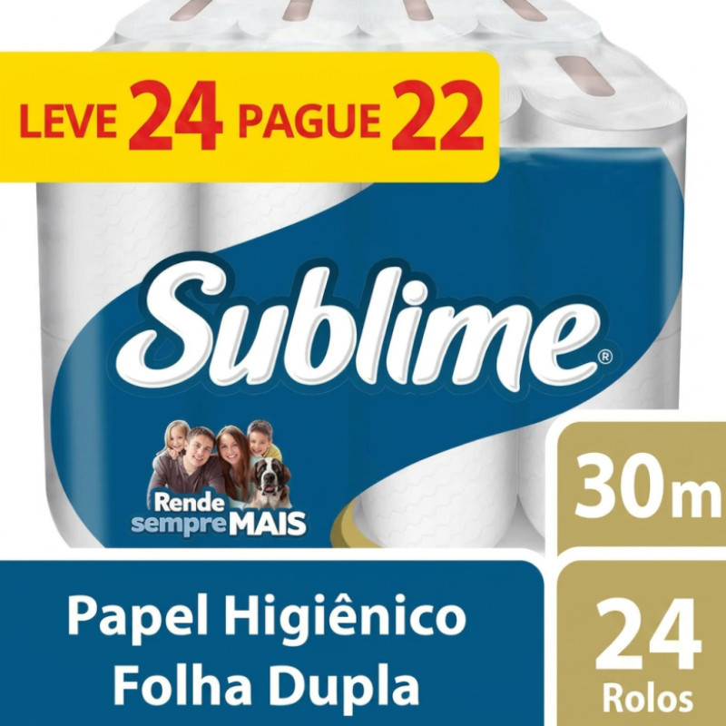 Papel Higiênico Sublime Folha Dupla 30m Pacote 24 Rolos Maciez Economia