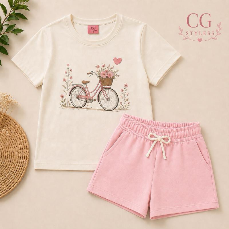 Conjunto Infantil Feminino Bicicleta Floral – Camiseta + Short Moletinho Rosa | Look Delicado, Fofo e Confortável
