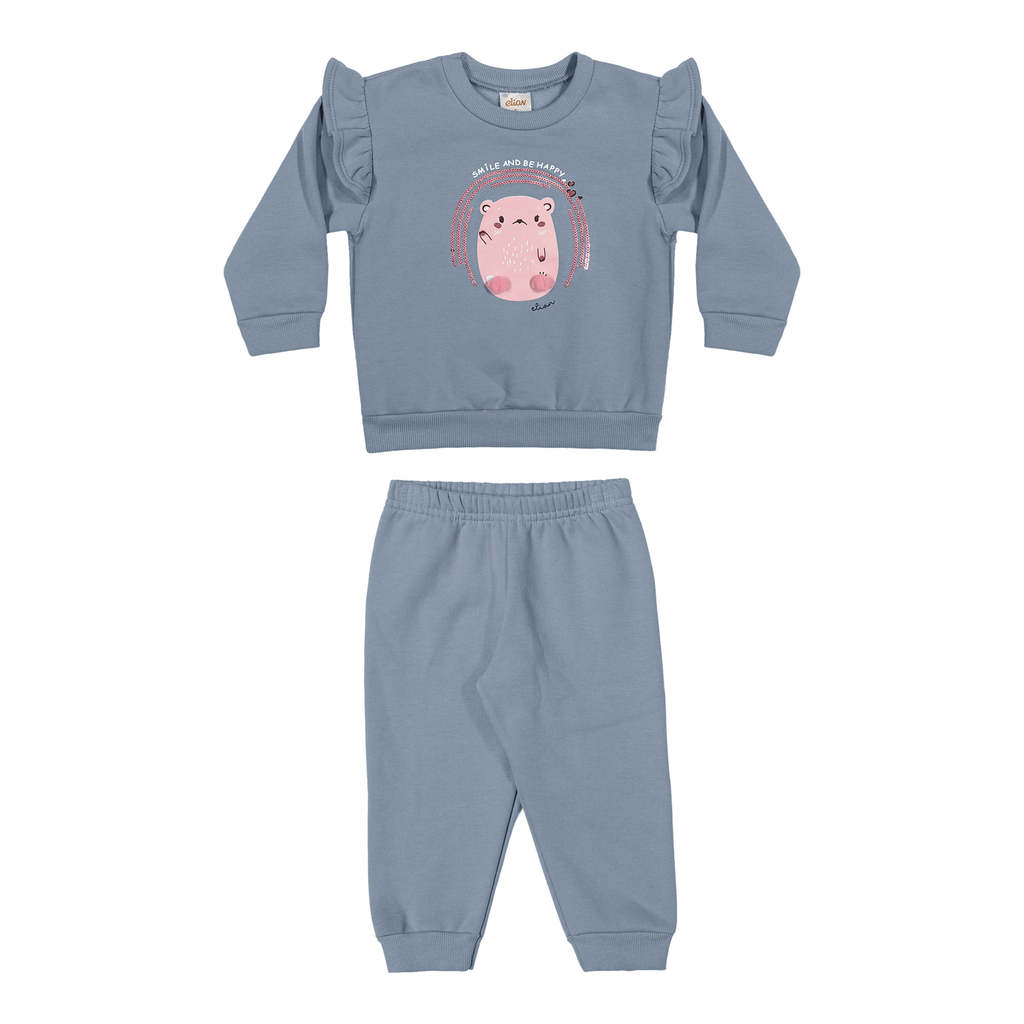 Conjunto Bebê Menina Ursinho Com Pompom Elian Azul