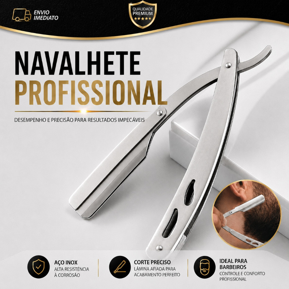 Navalha de Barbeiro Profissional – Aço Inox com Cabo de Plástico e Lâmina Descartável