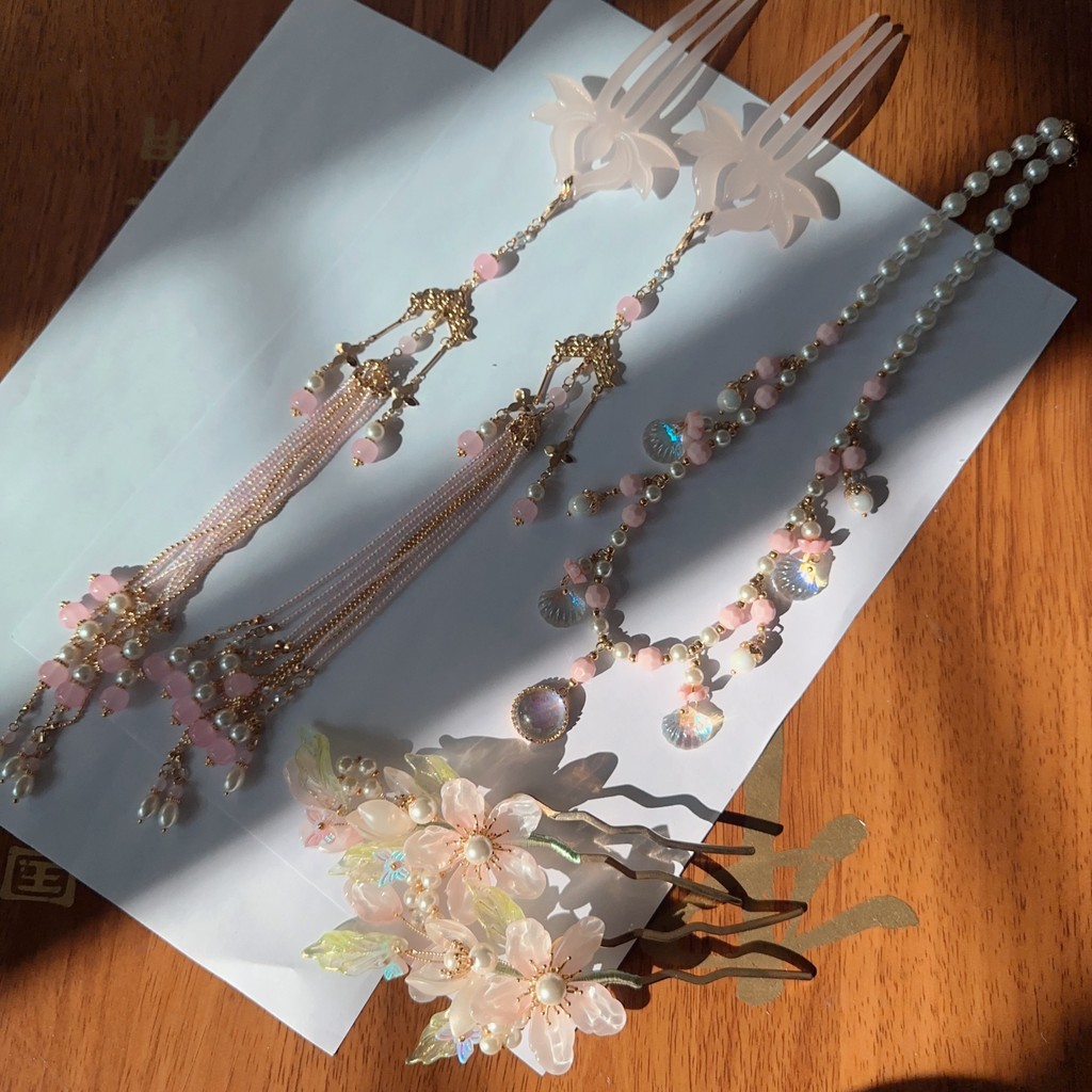 Feito à mão Hanfu cocar rosa lindo pente de cabelo vitrificado Hairpin macio Yingluo sinfonia estilo chinês longo borla 