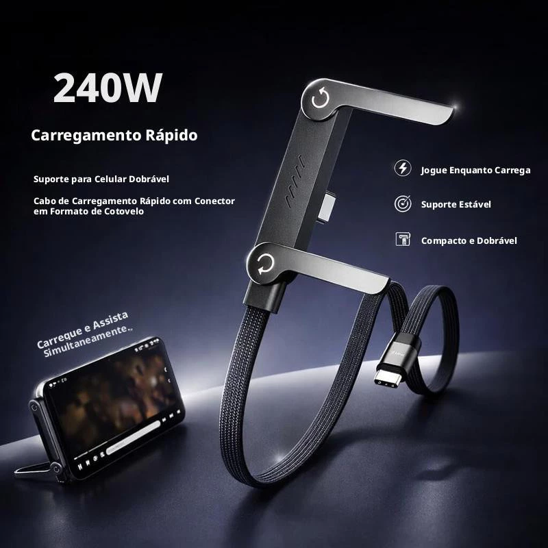 Cabo Carregador Invisível 2 em 1 240W Super Rápido Duas Pontas Type-C Preto Ideal para Carro Jogos Mag Safe Suporte Dobr — imagem 1