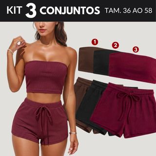 KIT 3 Conjunto Feninino Short e Cropped Femenino Conjuntos Feminino Verão Plus Size Praia Canelado Top Shorts Duas Peças
