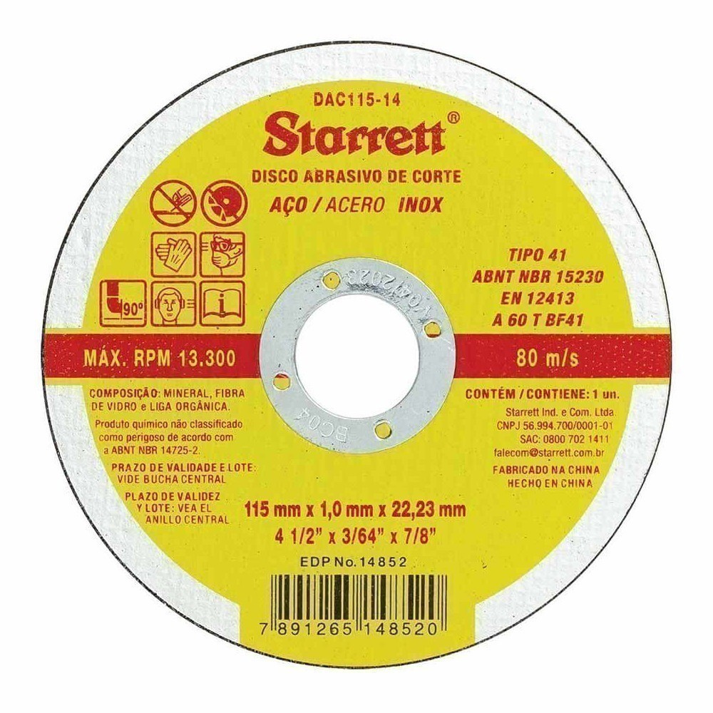 Disco de corte para metal e inox 115 x 1 x 22,2 mm - Starrett