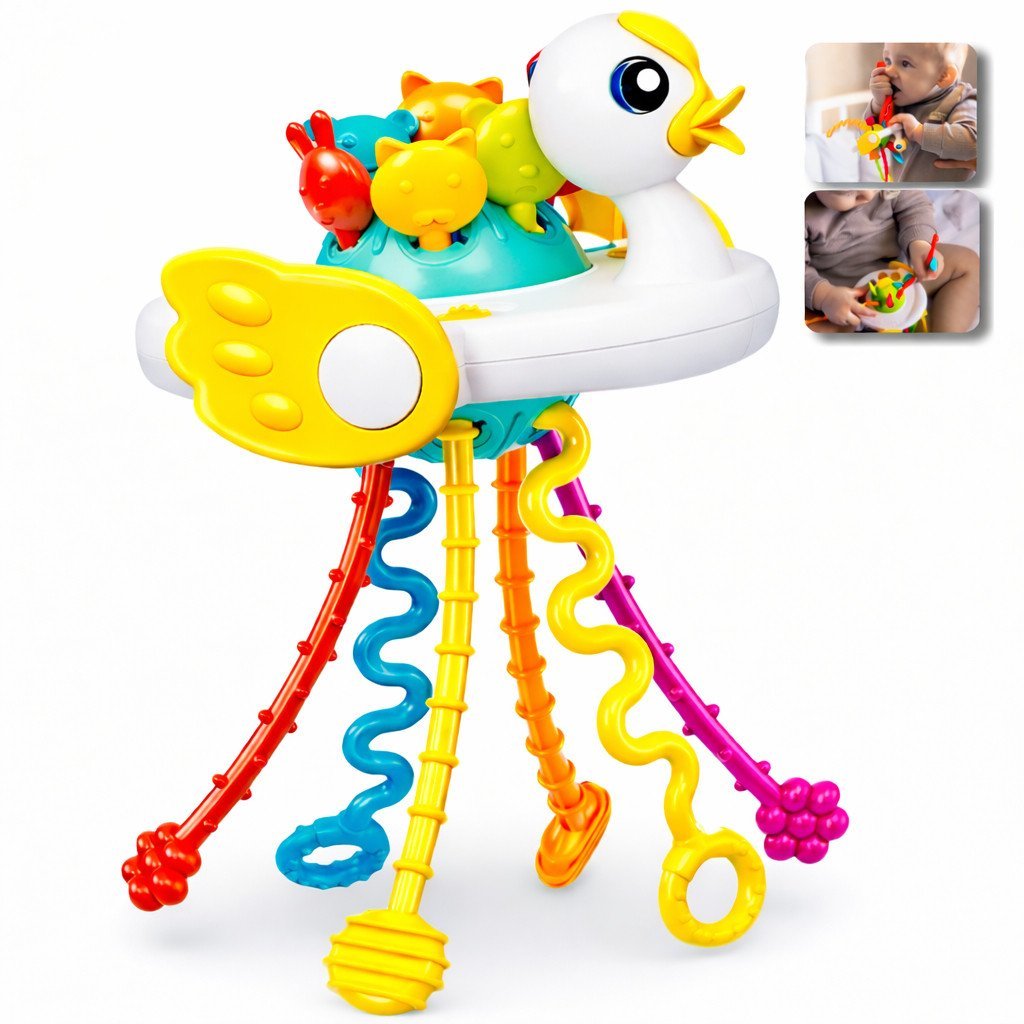 Brinquedo Montessori Sensorial para Bebê – Mordedor Patinho, Chocalho e Brinquedo Educativo Infantil