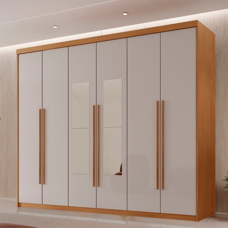 Guarda Roupa Casal 6 Portas 2 Gavetas com Espelho MDF Veracruz Off White/Marromle Naturalle/Off White