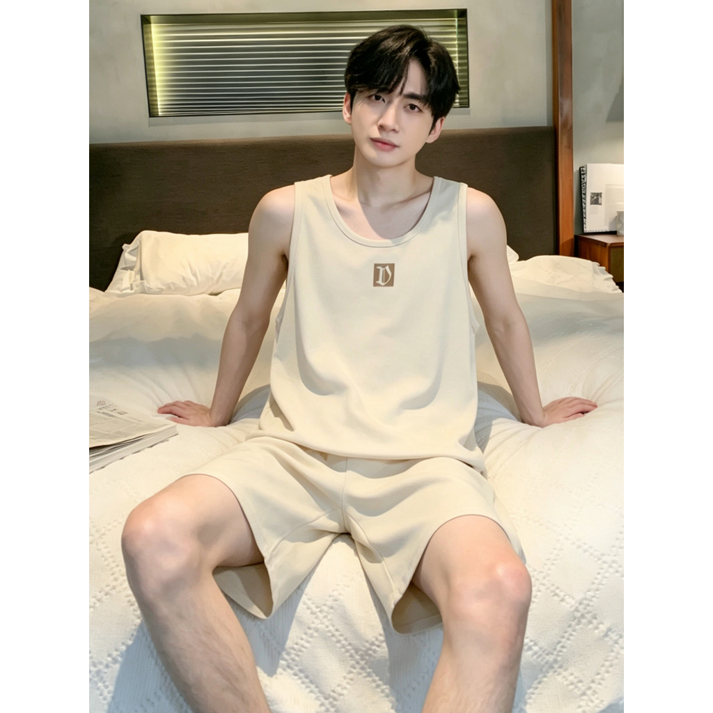 Pijamas masculinos verão macio puro algodão sem mangas colete 2026 novo estilo simples colete Homewear pode usar ternos 