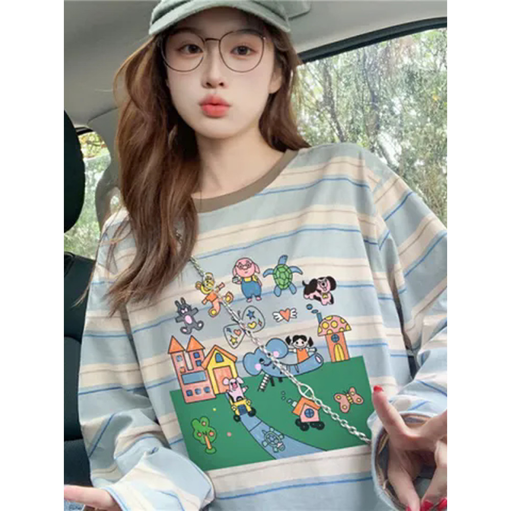 Nicho dos desenhos animados azul branco listrado manga comprida camiseta feminina outono solto estilo preguiçoso 2025 no