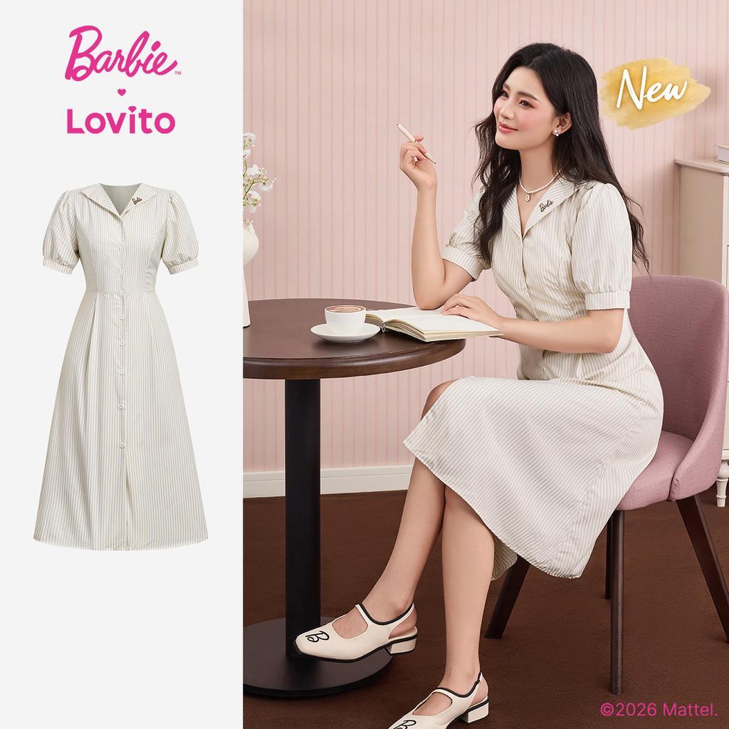 (New Arrival) Barbie™ X Lovito Vestido Elegante Com Bordado E Renda Para Mulheres Botão De Amarrar Cor Damasco primavera/verão DRBL6PAD018