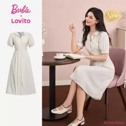 (New Arrival) Barbie™ X Lovito Vestido Elegante Com Bordado E Renda Para Mulheres Botão De Amarrar Cor Damasco primavera/verão DRBL6PAD018
