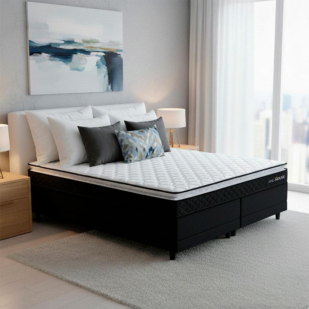Conjunto Cama Box Queen Dakota Preto 158x198x57 Espuma D33