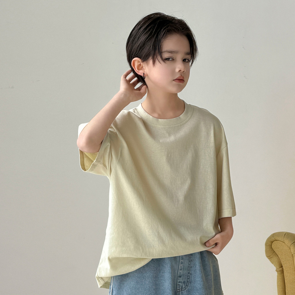 Versão coreana em torno do pescoço camiseta puro algodão meninos de manga curta 2026 novo estilo médio grande crianças m