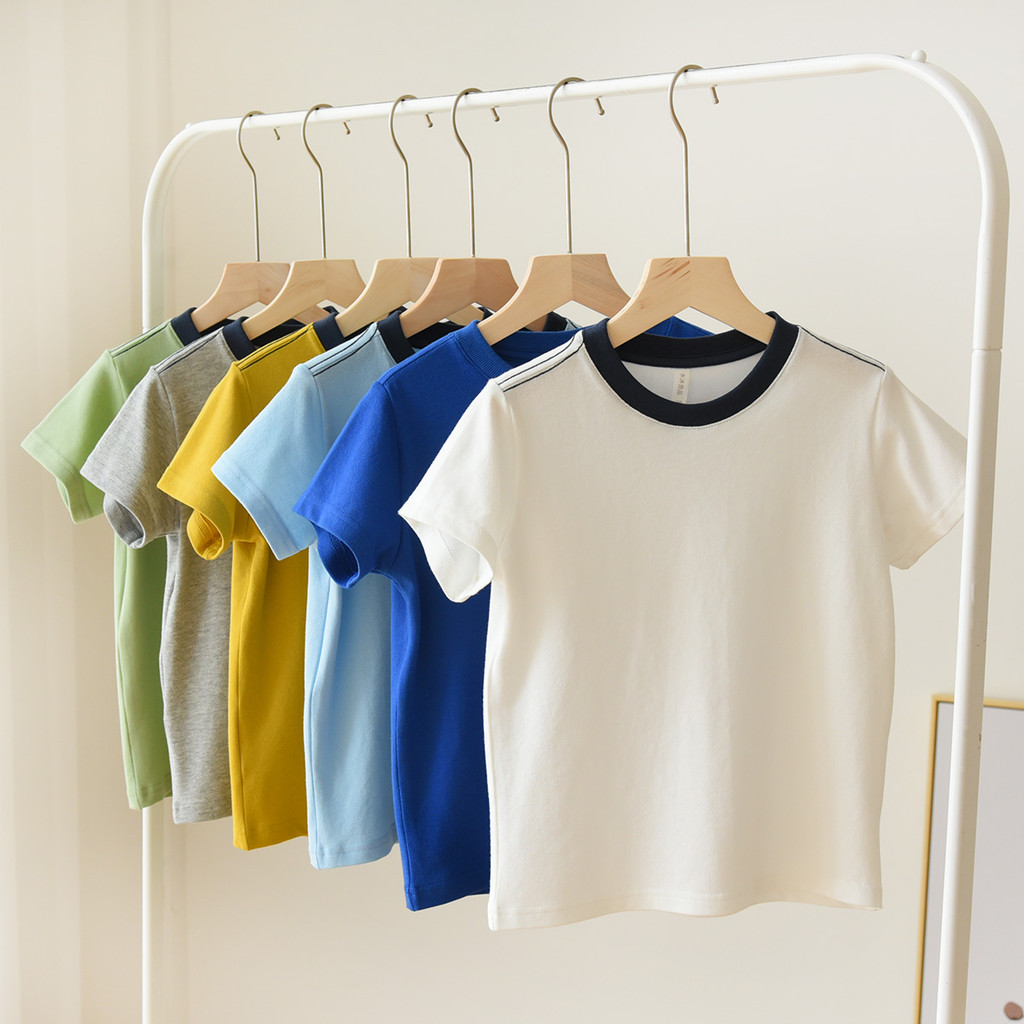 Crianças frisado algodão em torno do pescoço camiseta meninos meninas puro algodão camisa de fundo contraste cor colarin