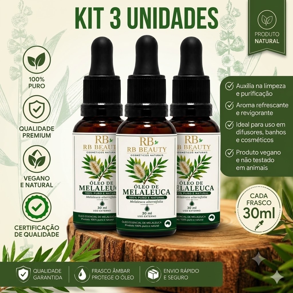 Kit 3 Óleos Essenciais de Melaleuca Tea Tree 100% Puro 30ml Cada para Pele, Unhas e Cabelos com Conta-Gotas