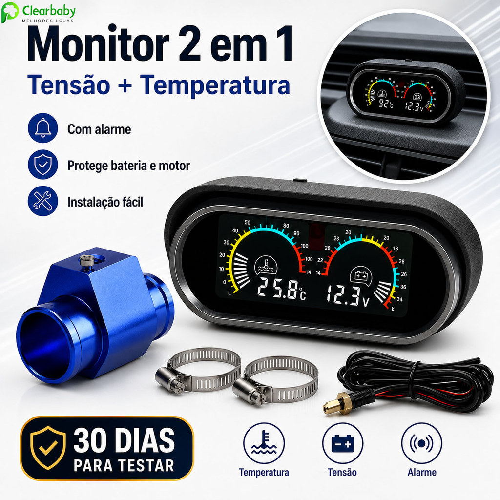Monitor Digital 2 Em 1 (Tensão + Temperatura) Com Alarme E Adaptador T – Proteja A Bateria E O Motor Do Seu Carro