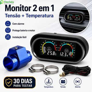 Monitor Digital 2 Em 1 (Tensão + Temperatura) Com Alarme E Adaptador T – Proteja A Bateria E O Motor Do Seu Carro