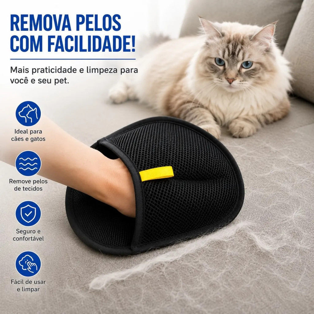 Luva Removedora de Pelos para Pets e Casa, Reutilizável e Prática para Limpeza de Tecidos e Superfícies