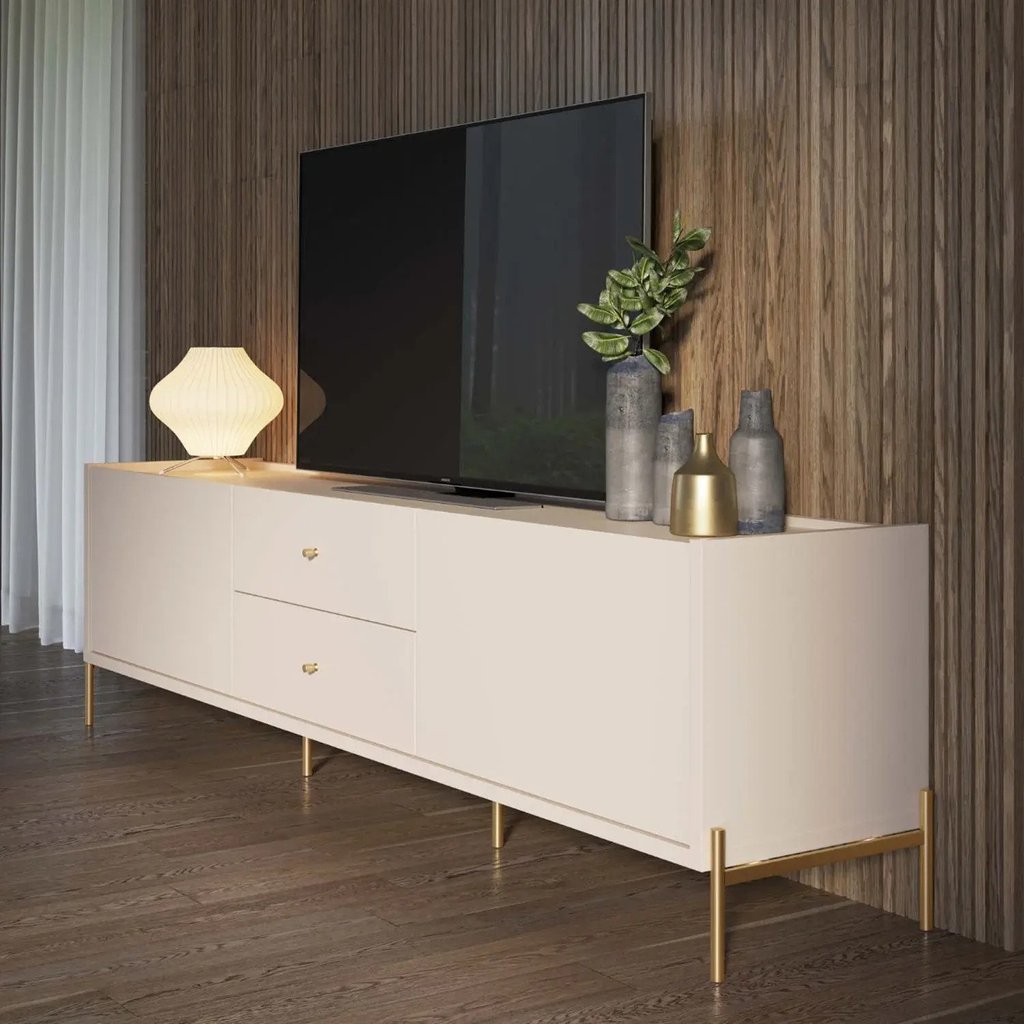 Rack para TV até 75 Polegadas MDF 220cm 2 Portas 2 Gavetas Dourados Off-White Jasper Branco 220