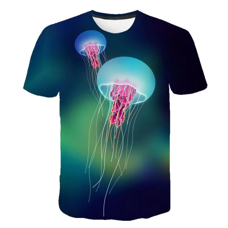 Camiseta Infantil de Manga Curta com Estampa 3D de Água-Viva Luminescente, Gráfico Colorido, Gola Redonda, Para Brincade