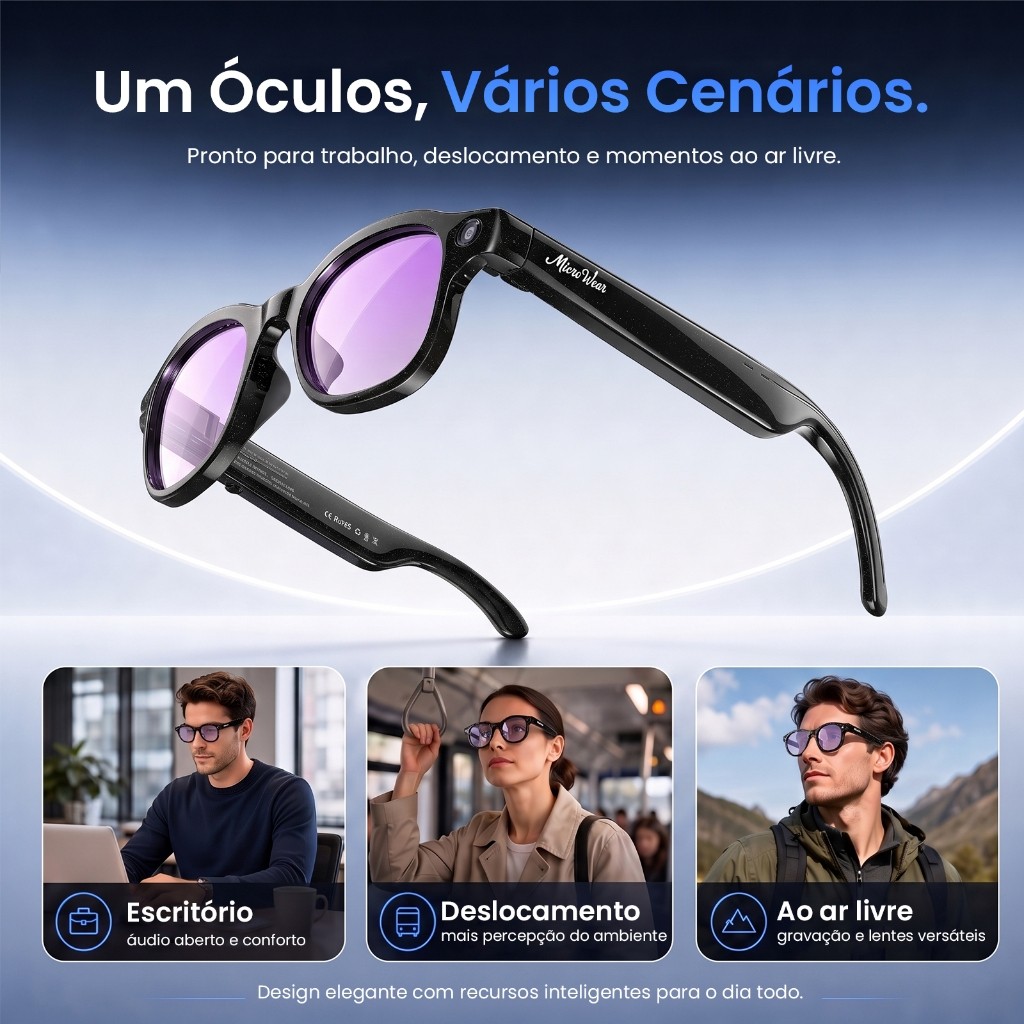 Óculos Inteligentes W‑AI3 Câmera 13MP Vídeo 1200P 3 Lentes Magnéticas Bluetooth Open‑Ear IA · foto 2