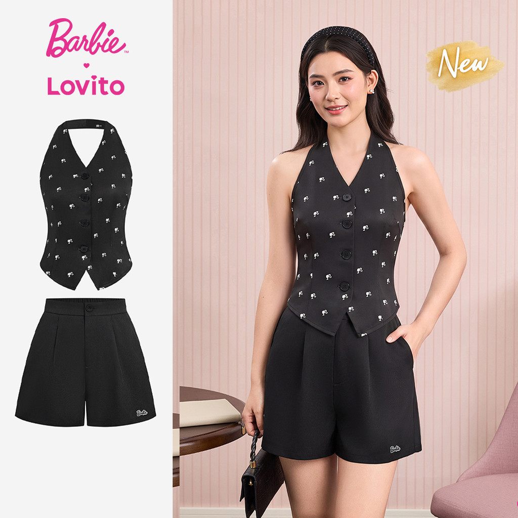 (New Arrival) Barbie™ X Lovito Casual Feminino Bordado Com Bolso Plissado Primavera/verão Shorts Pretos SHBL6PAD045