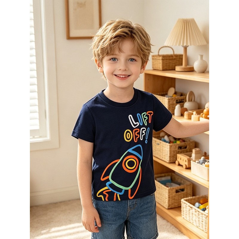Novo estilo meninos azul escuro foguete camiseta de manga curta verão médio pequenas crianças refrescante fino macio pel