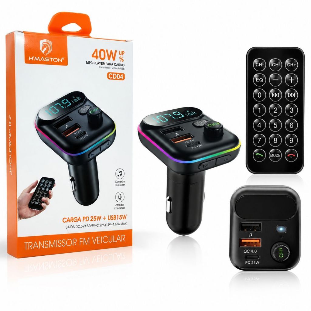 Carregador USB Turbo PD 40w Carro TYPE-C Transmissor Receptor FM Bluetooth Veicular X8 MP3 Rádio