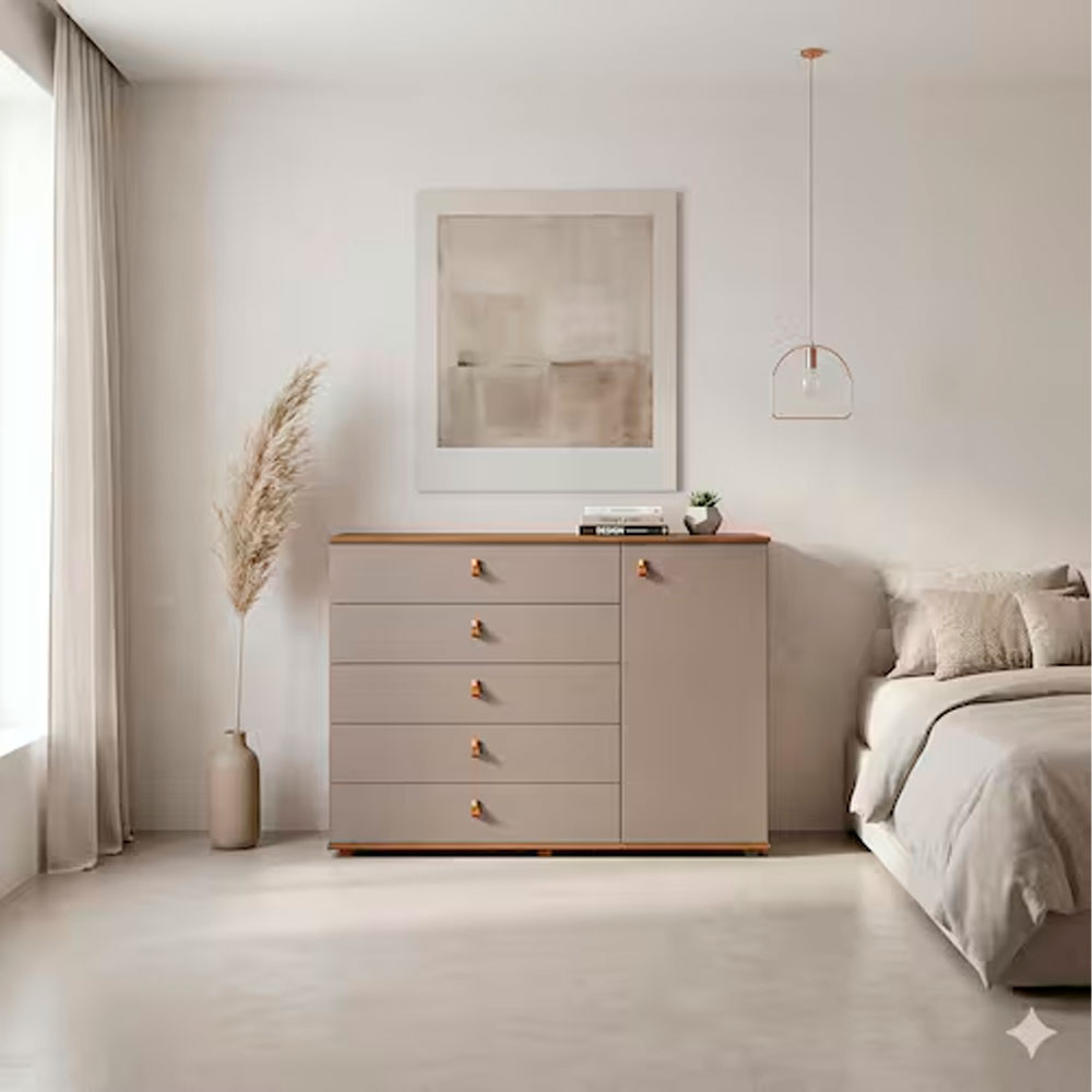 Cômoda Vegas 5 Gavetas e 1 Porta Avela Cappuccino Poah Bartira