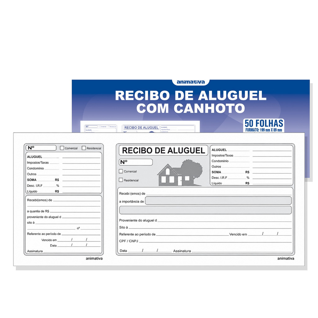 Talão de Recibo de Aluguel Para Preencher com Canhoto Destacável 50 Folhas