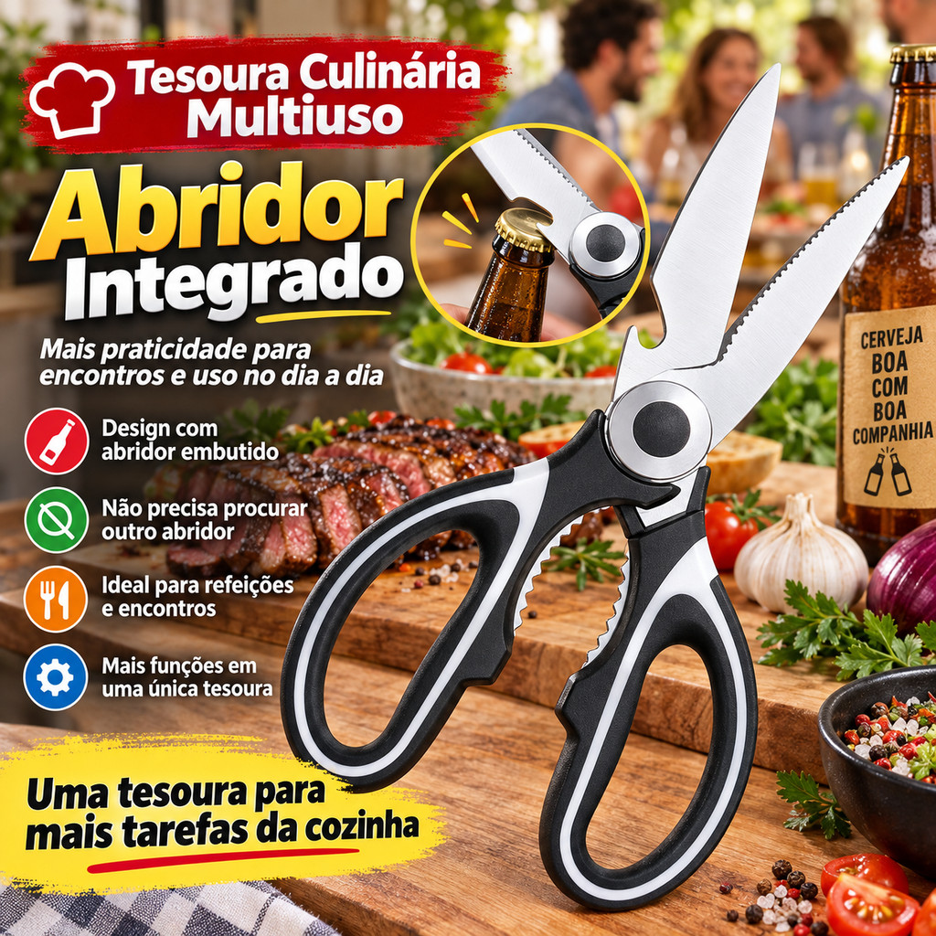 Tesoura de Cozinha Multifuncional Aço Inox com Capa Corta Carne Frango Peixe Legumes