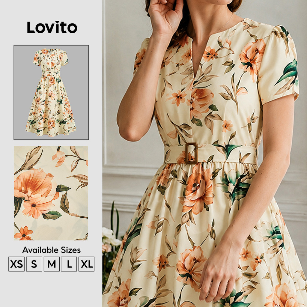 Lovito Vestido Elegante Feminino com Cinto e Estampa de Resort para primavera/verão DRK8P2D093