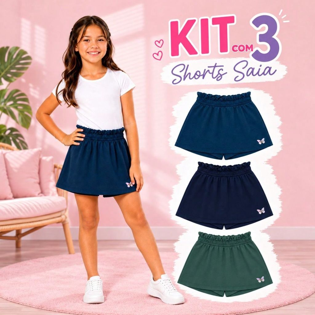 Kit 3 Shorts-Saia Infantil Menina em Moletinho com Cós Elástico Tamanhos 4 ao 14