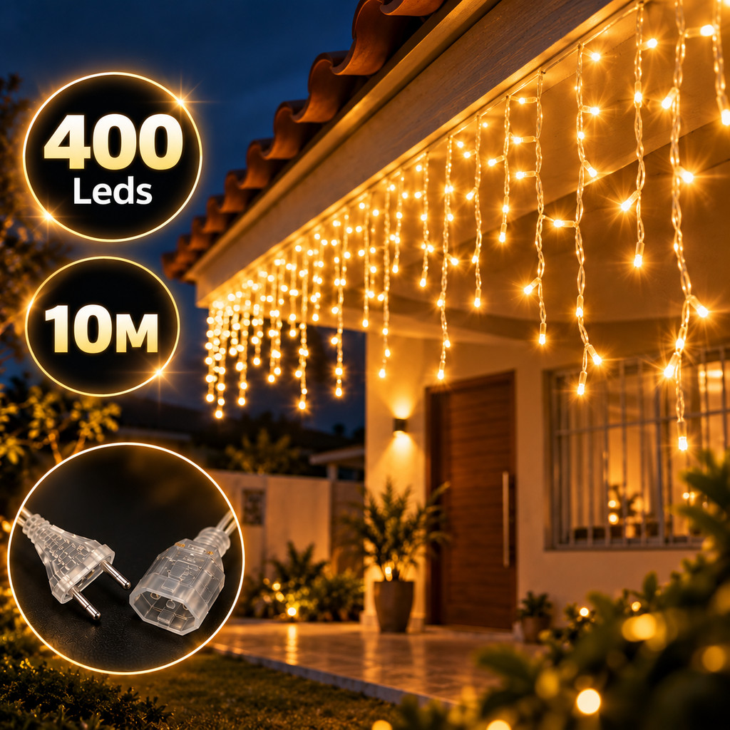 Cascata 400 LEDs 10 Metros Branco Quente 8 Funções Fio Transparente 110V ou 220V