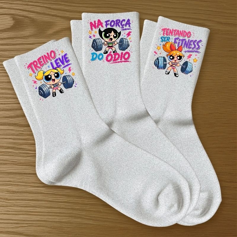 Kit 3 Pares Meias Femininas Super Poderosas Estampadas Algodão Premium Macias Confortáveis Academia Moda Fashion Trend