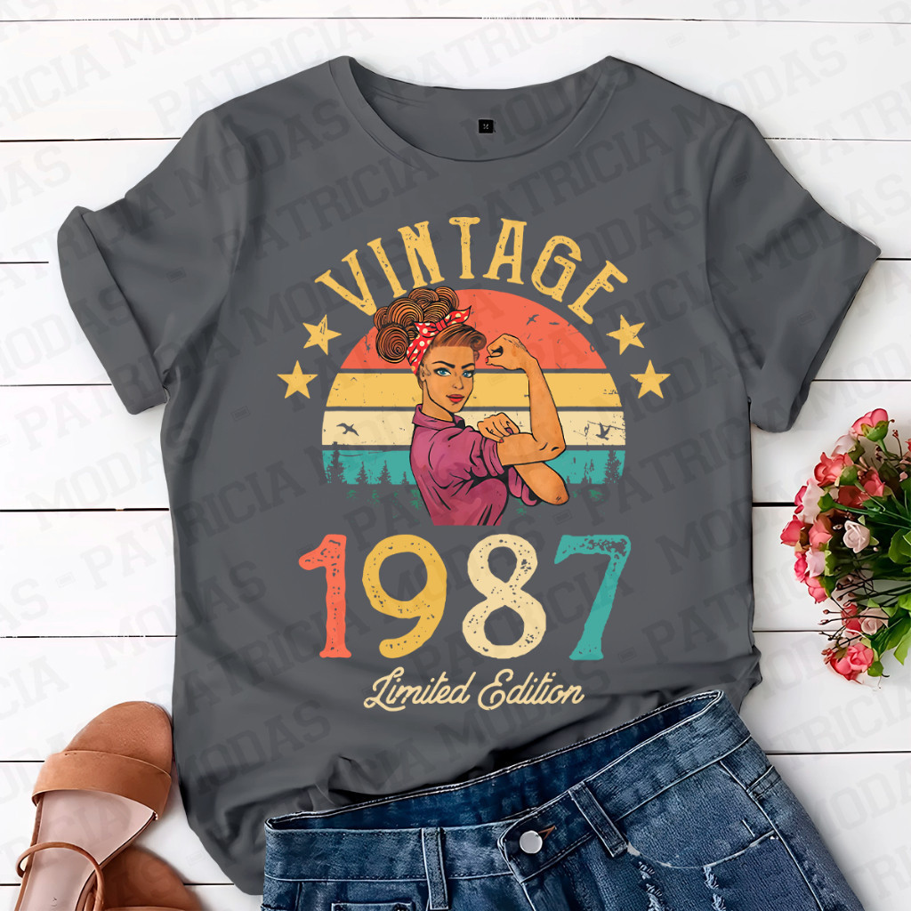 Camiseta, 100% Algodão, Estampa Vintage, Mulher Forte, 1987_..., P ao GG
