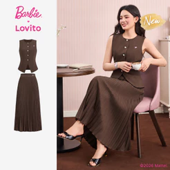 (New Arrival) Barbie™ X Lovito Elegante Top Ou Fundo Com Bordado De Botão Linha Marrom Para Primavera/Verão KSBL6PAD025