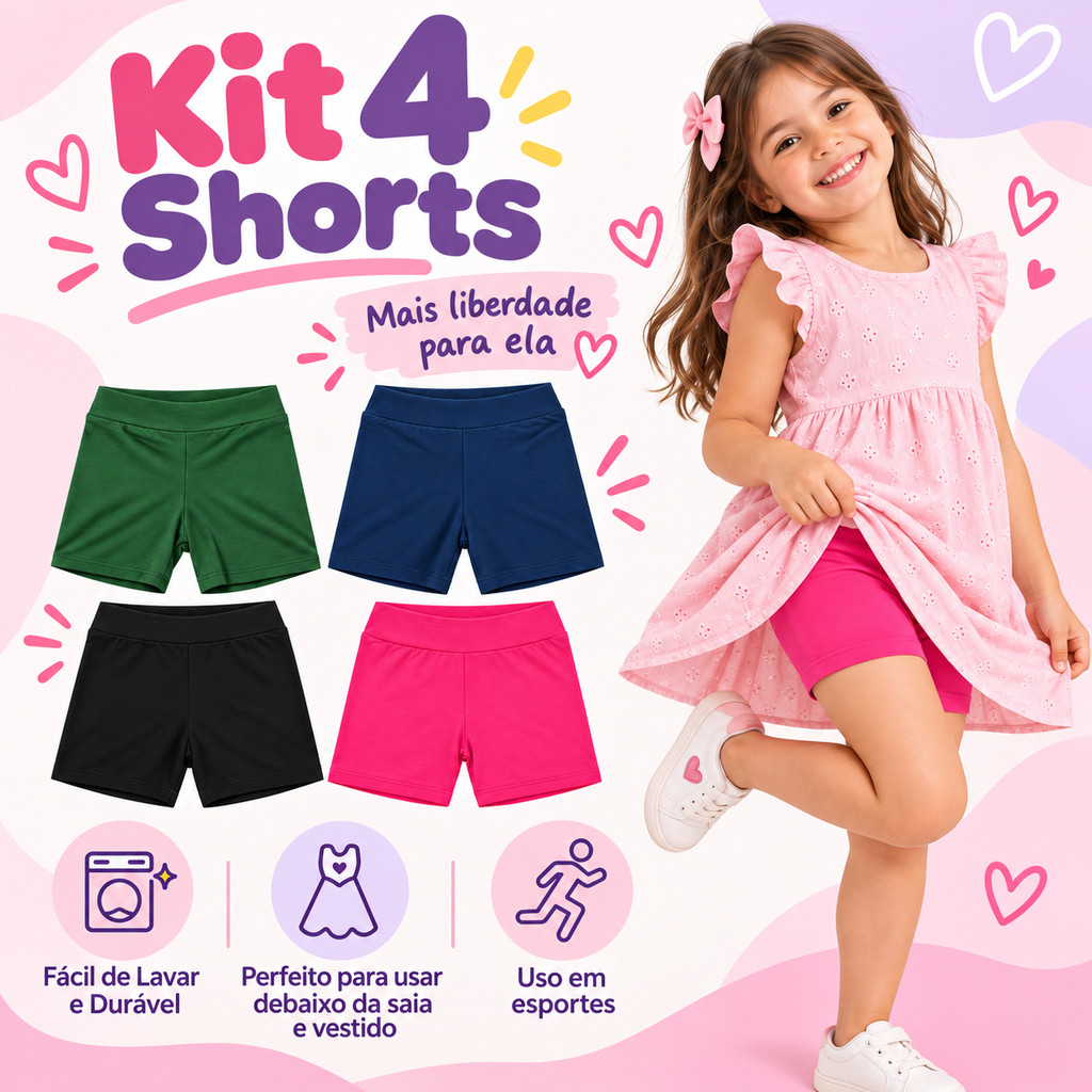 Kit 4 Shorts Infantil Feminino Boxer Confortável Para Vestido Saia Escola e Esportes