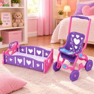 Carrinho de Boneca + Bercinho Infantil Kit Baby Alive Reborn Menina Faz de Conta