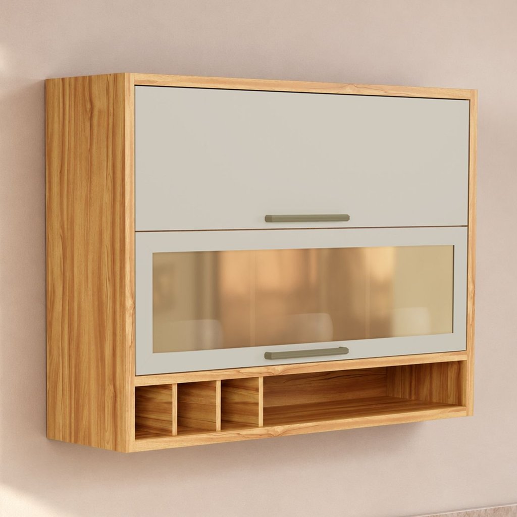 Armário Aéreo de Cozinha 120cm 2 Portas Basculantes Vidro Reflecta 100% MDF Vicenza Espresso Móveis Bege/Amêndoa/Off