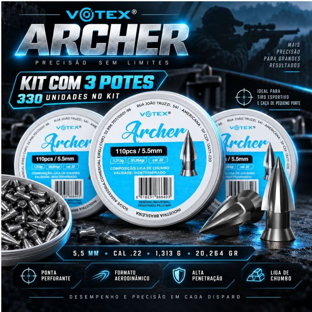Kit 3 Potes Chumbinhos Votex Archer 5,5 mm 1,313 g - 330 Unidades