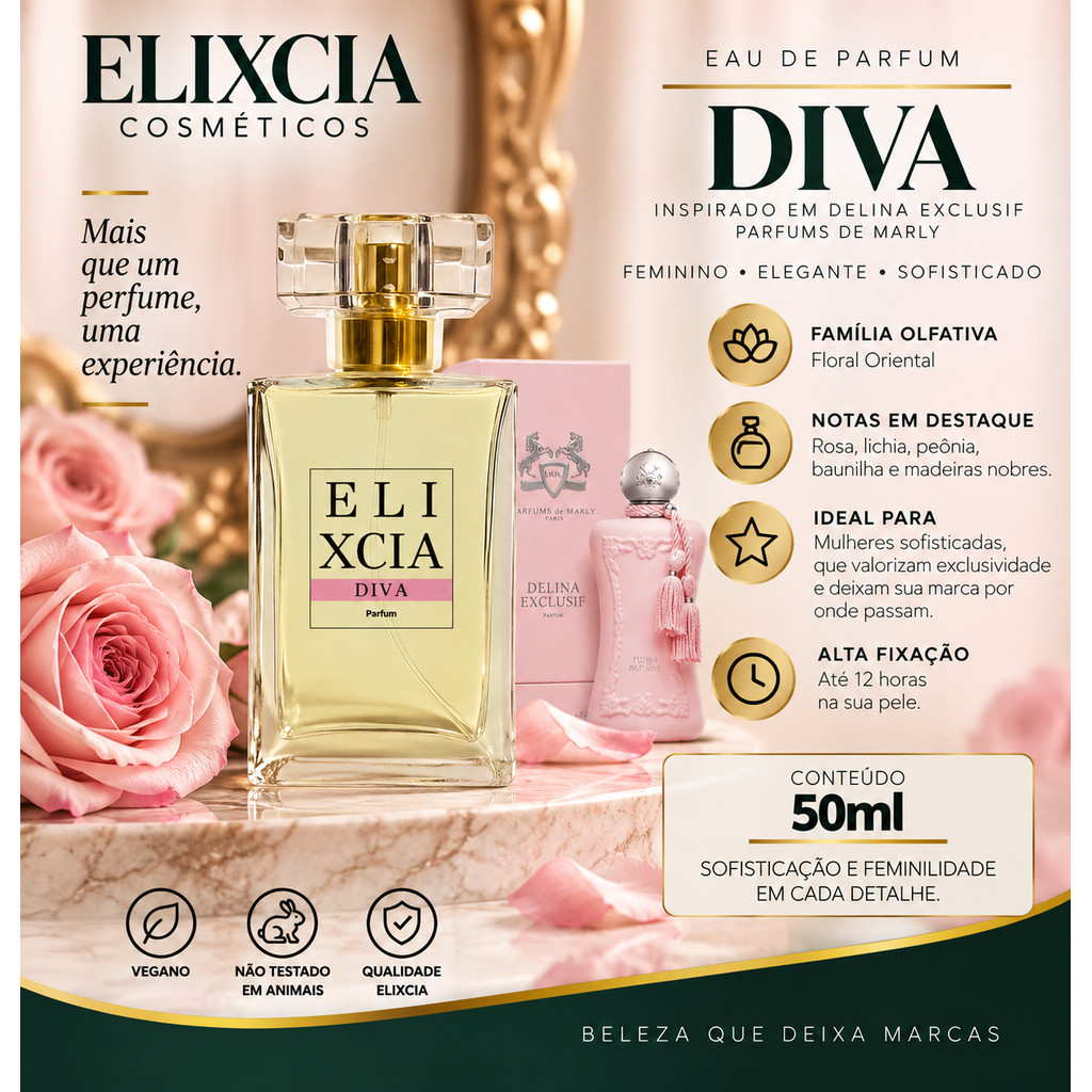 Perfume Feminino Elixcia Diva 50ml – Doce e Sedutor – Floral Oriental – Alta Fixação
