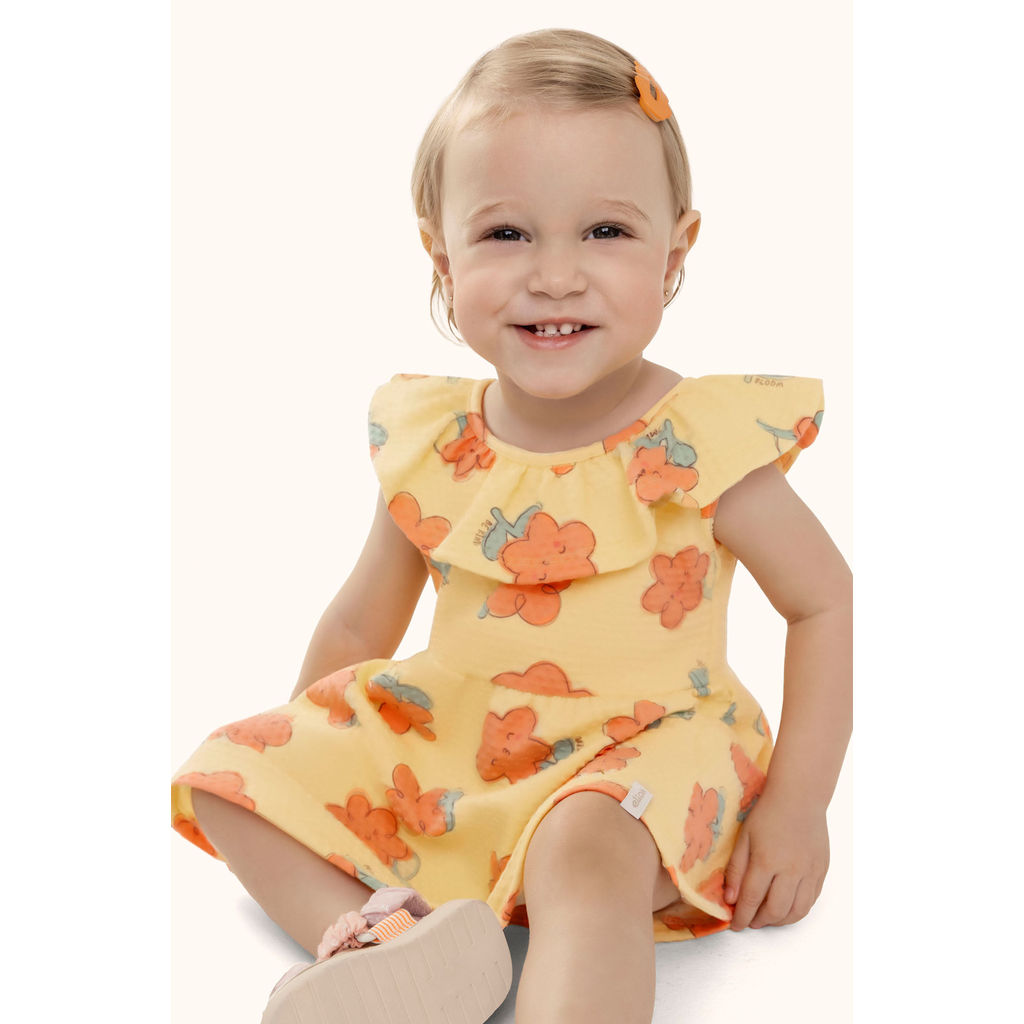 Vestido Bebê Menina Florzinhas Com Babado Elian Amarelo