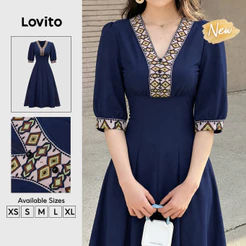 (New Arrival) Lovito Vestido Feminino Longo Evasê Azul Escuro Com Costura Color Block Para Trabalho Primavera/Verão DRB205P2D499