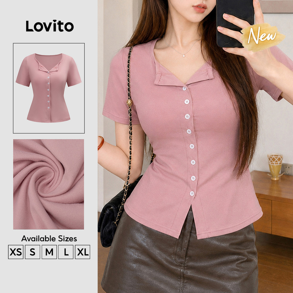 (New Arrival) Lovito Camiseta Feminina Rosa Claro Casual Lisa De Manga Curta E Decote Em U Com Botões Frontais Clássica E Versátil Confortável E Elegante Para a Primavera O Verão E Os Fins De Semana TSB205P2D347
