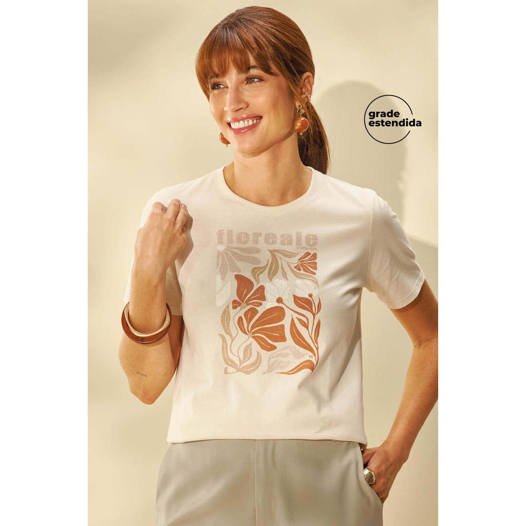 T-Shirt Feminina Floreale Com Glitter Marialícia Bege