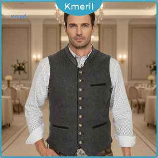 Holiday Party Dress Vest Retro Single Breasted Waistcoat Men's Oktoberfest Traditional Stand-up Collar Button-up Gilet S