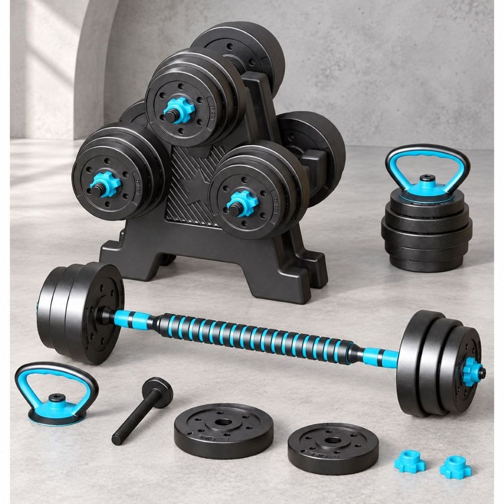Halteres Ajustaveis 20kg 6 em 1 com Anilhas, Barras e Kettlebell para Treino em Casa