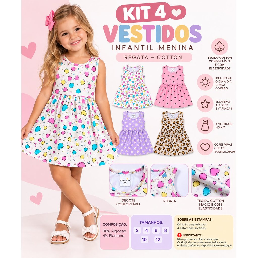 Kit 4 Vestidos Estampados Infantil Juvenil Feminino Menina Sortidos em Cotton Tamanho 2 ao 12